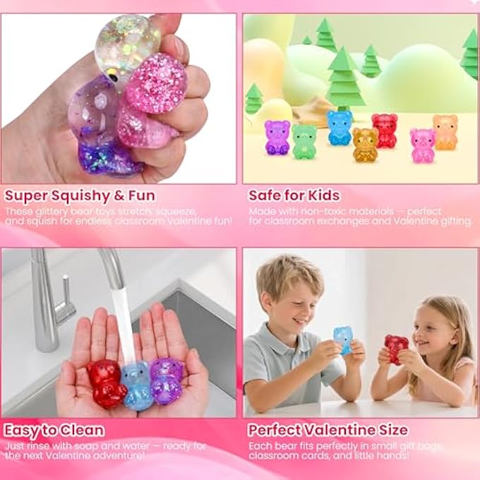 Kiddelo Valentines Day Cards for Kids School Classroom Exchange, 28 Pack Squishy Bear Stress Balls with 28 Heart Cards, Classroom Valentines Exchange Gifts and Non Candy Party Favors - Image 4