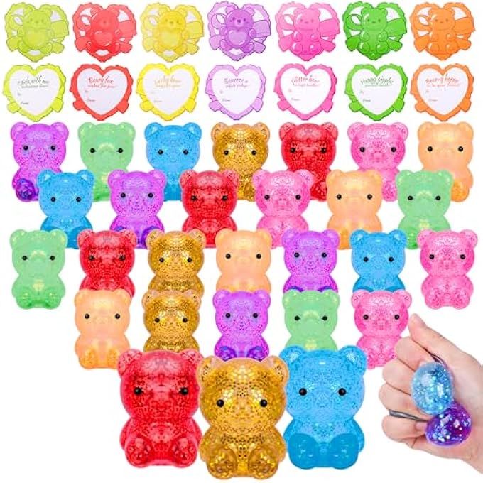 Kiddelo Valentines Day Cards for Kids School Classroom Exchange, 28 Pack Squishy Bear Stress Balls with 28 Heart Cards, Classroom Valentines Exchange Gifts and Non Candy Party Favors - Image 1