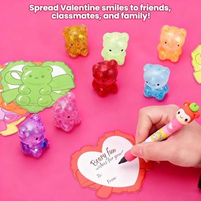 Kiddelo Valentines Day Cards for Kids School Classroom Exchange, 28 Pack Squishy Bear Stress Balls with 28 Heart Cards, Classroom Valentines Exchange Gifts and Non Candy Party Favors - Image 5