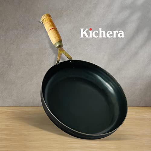Kichera Iron Fry Pan with Wooden Handle 20cm/8 inch, 1Ltr, 0.7kg | Gas Stove and Induction Friendly | Pre-Seasoned Black Flat Sheet Metal Iron Traditional Frying Pan - Image 4