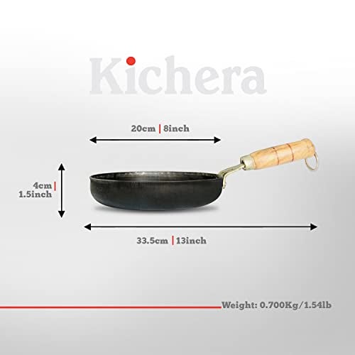 Kichera Iron Fry Pan with Wooden Handle 20cm/8 inch, 1Ltr, 0.7kg | Gas Stove and Induction Friendly | Pre-Seasoned Black Flat Sheet Metal Iron Traditional Frying Pan - Image 2