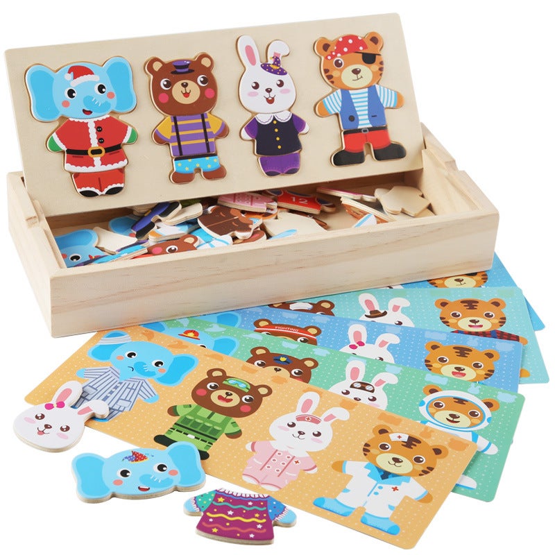 Wooden New Small Animal Clothes Changing Puzzle Wooden Children'S Cognitive Matching Early Education Educational Toys Wooden Box Storage - Image 5