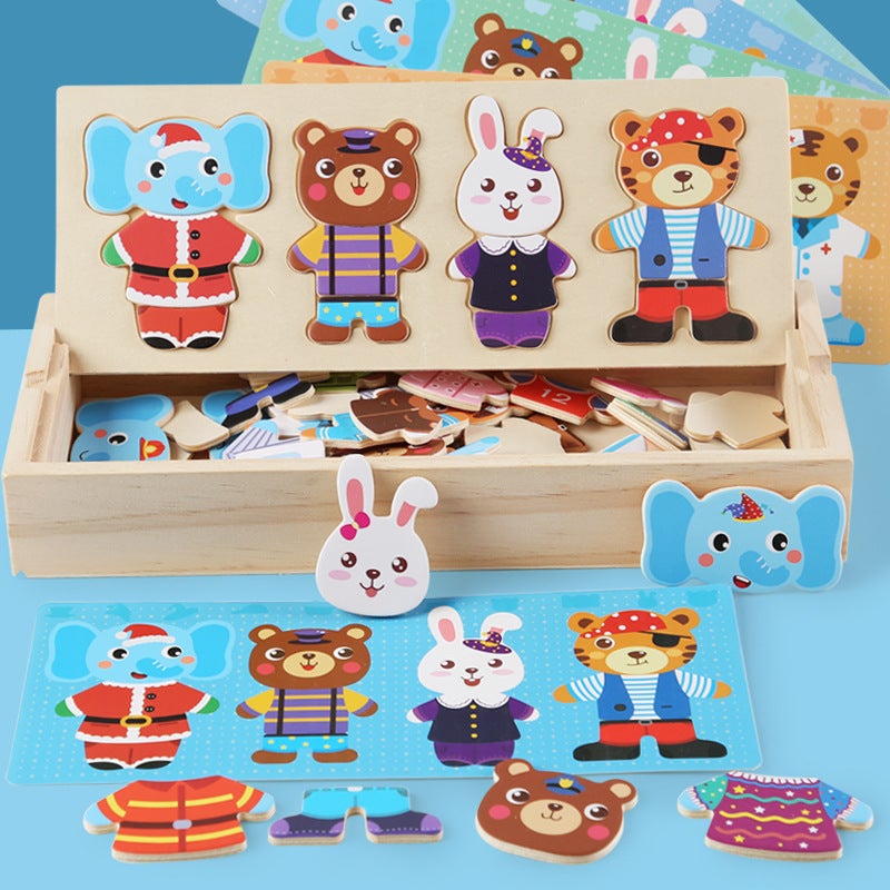 Wooden New Small Animal Clothes Changing Puzzle Wooden Children'S Cognitive Matching Early Education Educational Toys Wooden Box Storage - Image 2
