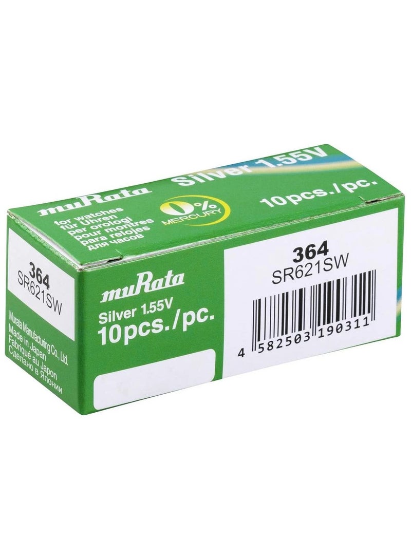 muRATA 10-Pieces Murata 364 / SR621SW Silver Oxide 1.55V Watch Batteries - Image 1