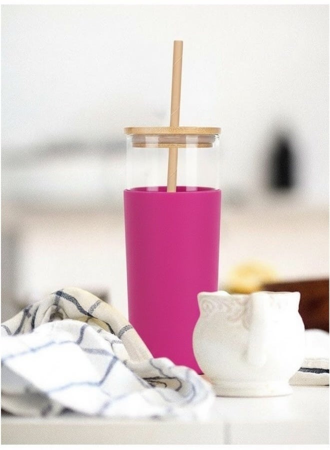 كوب زجاجي سعة 500 مل مع غطاء سيليكون وغطاء خشبي - كوب قابل لإعادة الاستخدام مع ماصة كرتونية للمشروبات الباردة والعصائر، شفاف/فوشيا - Image 4