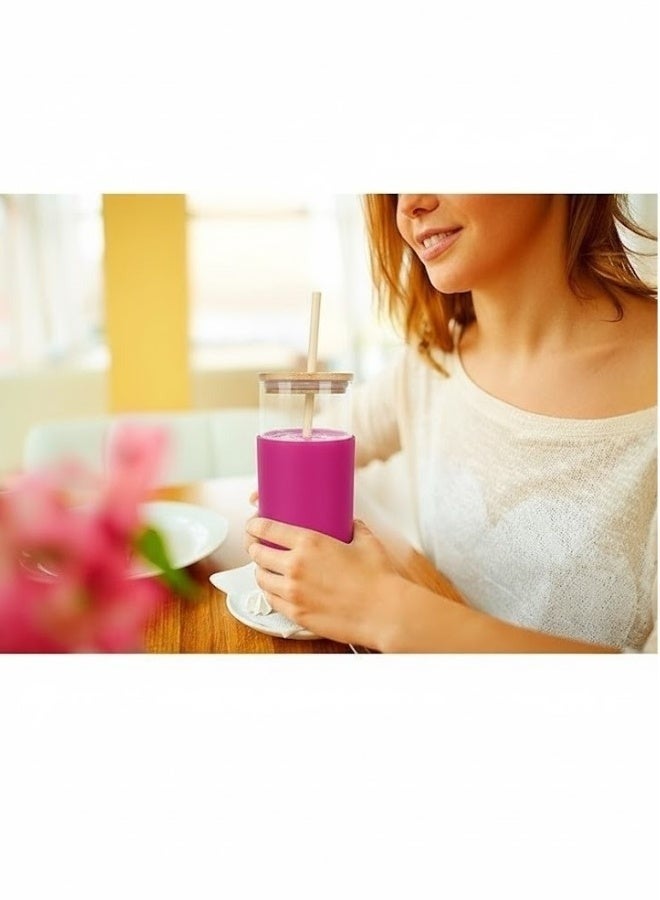 كوب زجاجي سعة 500 مل مع غطاء سيليكون وغطاء خشبي - كوب قابل لإعادة الاستخدام مع ماصة كرتونية للمشروبات الباردة والعصائر، شفاف/فوشيا - Image 5