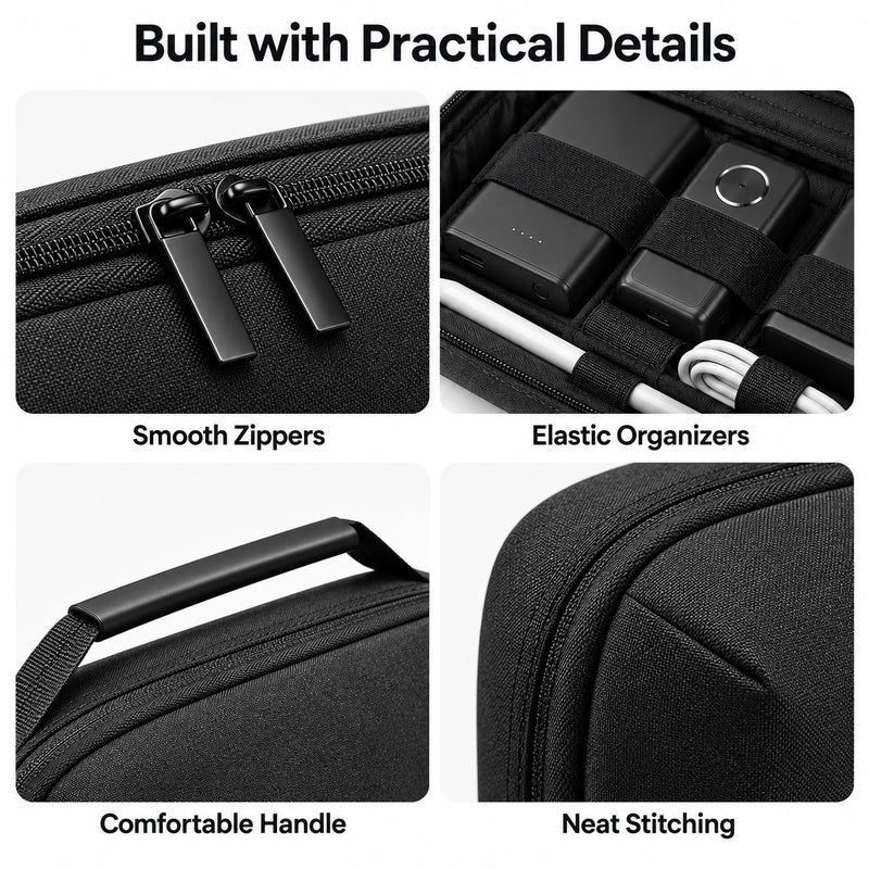 Cable Organizer Pouch, RPET Multi-Compartment Travel Electronics Storage Bag for Chargers, Cables, Power Bank, SSD and Earbuds, 20 x 12 x 9 cm, Black - Image 5