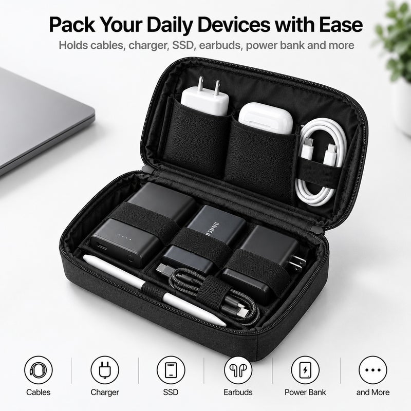 Cable Organizer Pouch, RPET Multi-Compartment Travel Electronics Storage Bag for Chargers, Cables, Power Bank, SSD and Earbuds, 20 x 12 x 9 cm, Black - Image 3