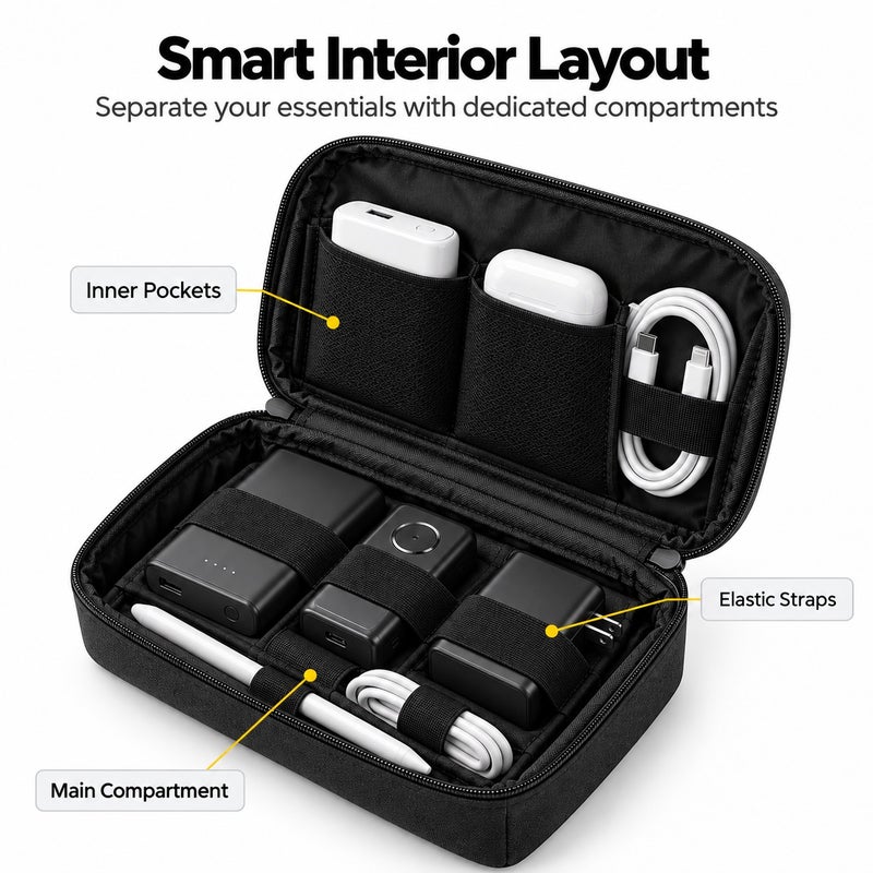 Cable Organizer Pouch, RPET Multi-Compartment Travel Electronics Storage Bag for Chargers, Cables, Power Bank, SSD and Earbuds, 20 x 12 x 9 cm, Black - Image 2