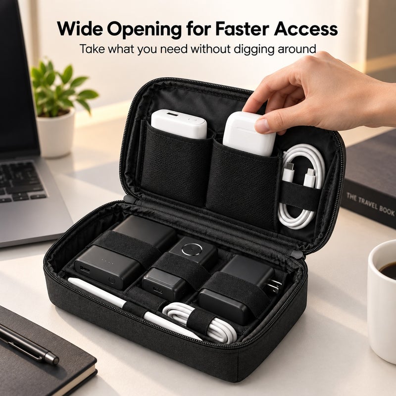 Cable Organizer Pouch, RPET Multi-Compartment Travel Electronics Storage Bag for Chargers, Cables, Power Bank, SSD and Earbuds, 20 x 12 x 9 cm, Black - Image 4