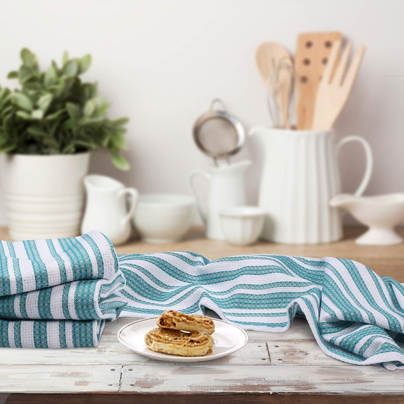 Goroly Home 6 Pack 100% Cotton Farmhouse Vintage Dish Towels Tea Towels Highly Absorbent Quick Dry Professional Grade Cleaning Towels with Hanging Loop - Stripes - 18x28 Inch - Teal - Image 4