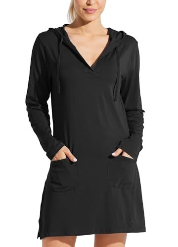 Willit Women's Long Sleeve Cotton Swim Cover Up UPF 50+ SPF Dress Hooded with Pockets Sun Protection Beach Coverup Black S - Image 1