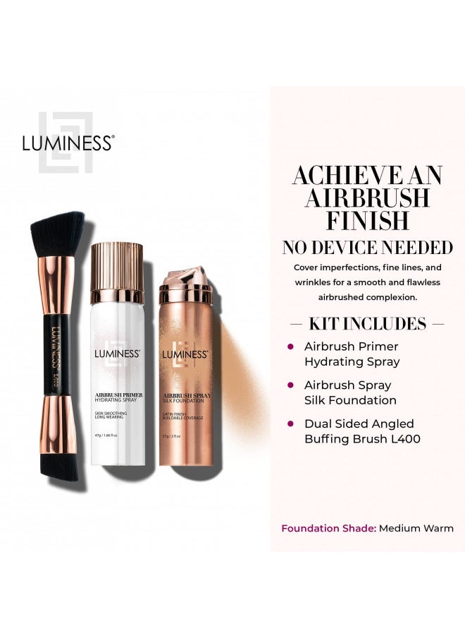 LUMINESS - LUMINESS Silk Airbrush Spray Foundation Makeup Starter Kit - Full Coverage Foundation, Primer & Dual-Sided Angled Buffing Brush - Medium Warm - Image 1