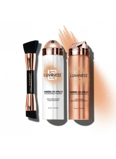LUMINESS Silk Airbrush Spray Foundation Makeup Starter Kit - Full Coverage Foundation, Primer & Dual-Sided Angled Buffing Brush - Medium Warm