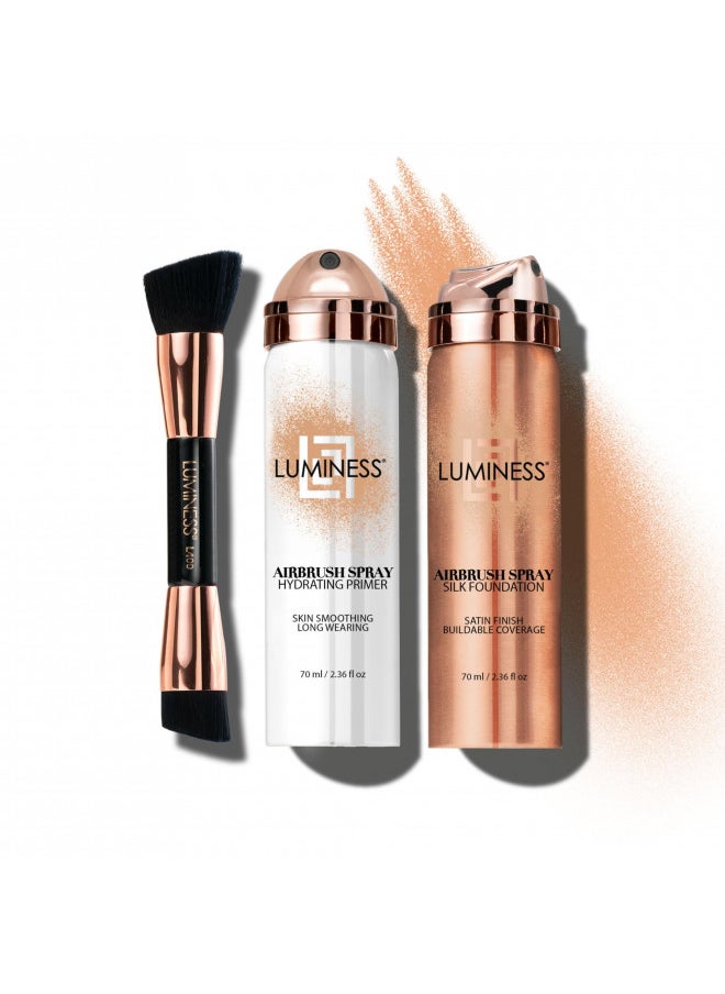 LUMINESS - LUMINESS Silk Airbrush Spray Foundation Makeup Starter Kit - Full Coverage Foundation, Primer & Dual-Sided Angled Buffing Brush - Medium Warm - Image 1
