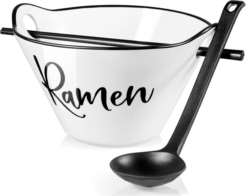 DAYYET Ceramic Ramen Bowl with Chopsticks and Spoon 26 oz Farmhouse Deep Japanese Noodle Bowl for Udon Soba Pho Rice and Soup Microwave and Dishwasher Safe White - Image 1