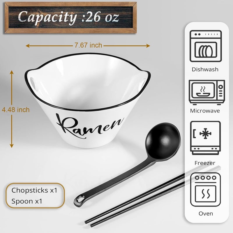DAYYET Ceramic Ramen Bowl with Chopsticks and Spoon 26 oz Farmhouse Deep Japanese Noodle Bowl for Udon Soba Pho Rice and Soup Microwave and Dishwasher Safe White - Image 2