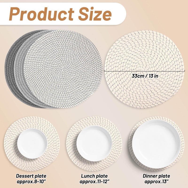 Billbotk Round Woven Placemats Set of 4, 13 Inches Kitchen Table Place Mats for Dining Table, Trivets for Hot Pots and Pans, Boho Table Decorations for Table Setting, Tabletop Accessories - Image 2
