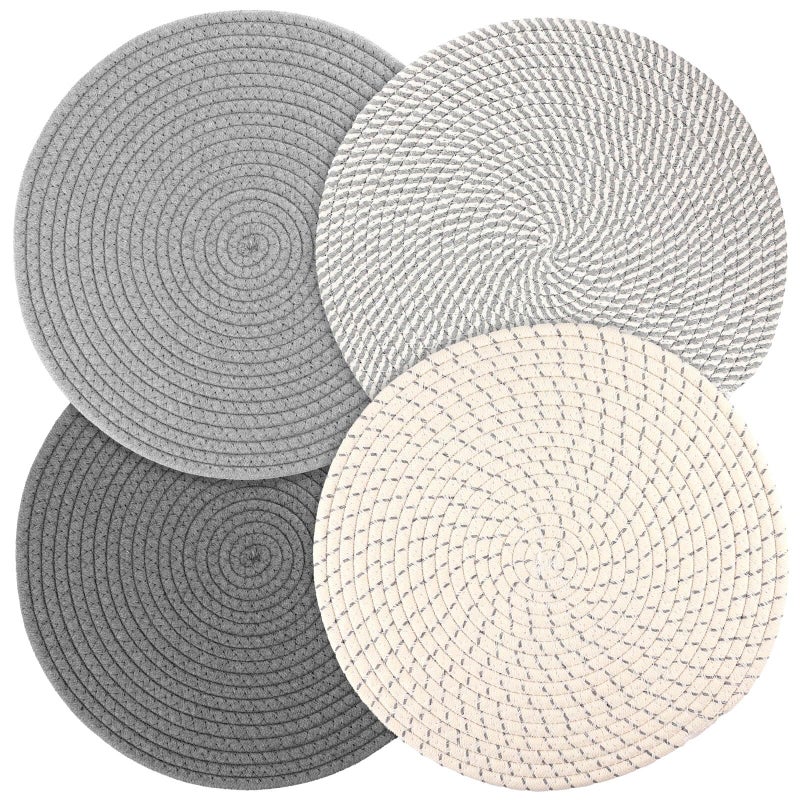 Billbotk Round Woven Placemats Set of 4, 13 Inches Kitchen Table Place Mats for Dining Table, Trivets for Hot Pots and Pans, Boho Table Decorations for Table Setting, Tabletop Accessories - Image 1