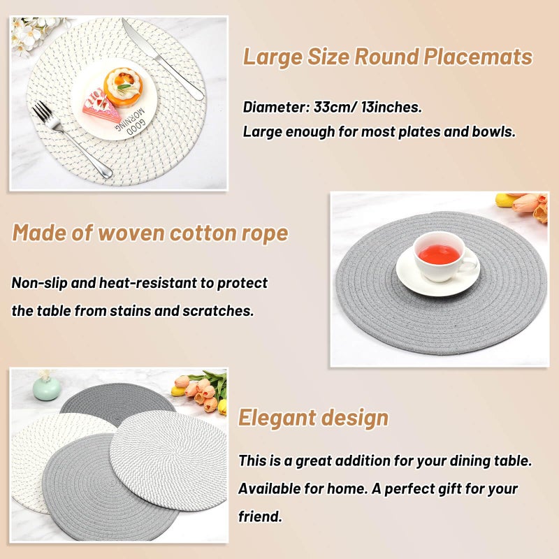 Billbotk Round Woven Placemats Set of 4, 13 Inches Kitchen Table Place Mats for Dining Table, Trivets for Hot Pots and Pans, Boho Table Decorations for Table Setting, Tabletop Accessories - Image 3