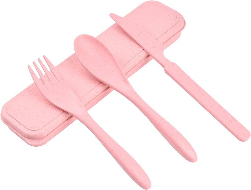 Lnrkai 1 PCS Reusable Utensils Set with Case Camping Utensils Plastic Spoons and Forks Sets for Lunch Box Accessories Portable Cutlery Set for Kids Adults Travel Picnic Office Lunch Daily UsePink