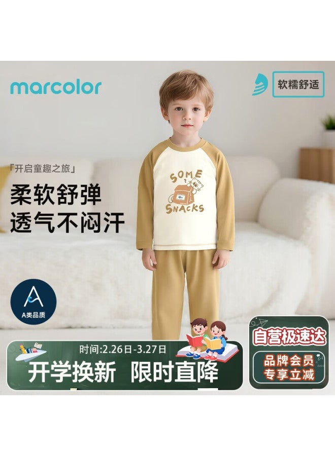 Marcolor Baby Toddler Autumn Long Johns Set Comfortable Sleepwear Uni Homewear Brown Cat Snack 80 - Image 1