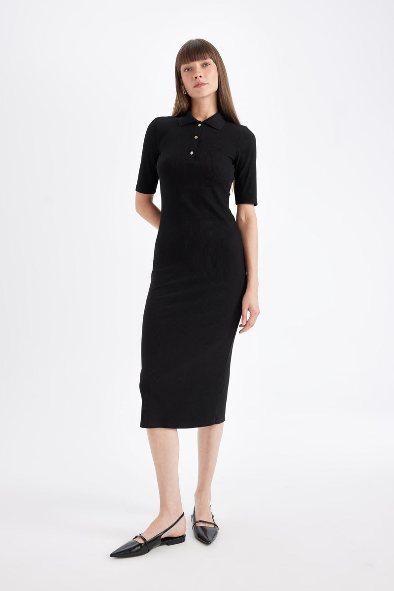 DeFacto Woman Bodycon Polo Neck Corduroy Half Sleeve Midi Dress  - Image 1