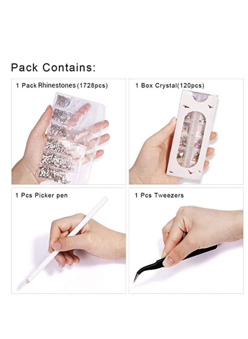 SYOSI Nail Rhinestones Set, 1728 Pieces Flatback Crystal AB Nail Gems + 120 Pieces Multi Shape Glass 3D Nail Jewels, Bling Nail Diamonds Stone with Art Accessories Rhinestone Picker and Tweezers - Image 3