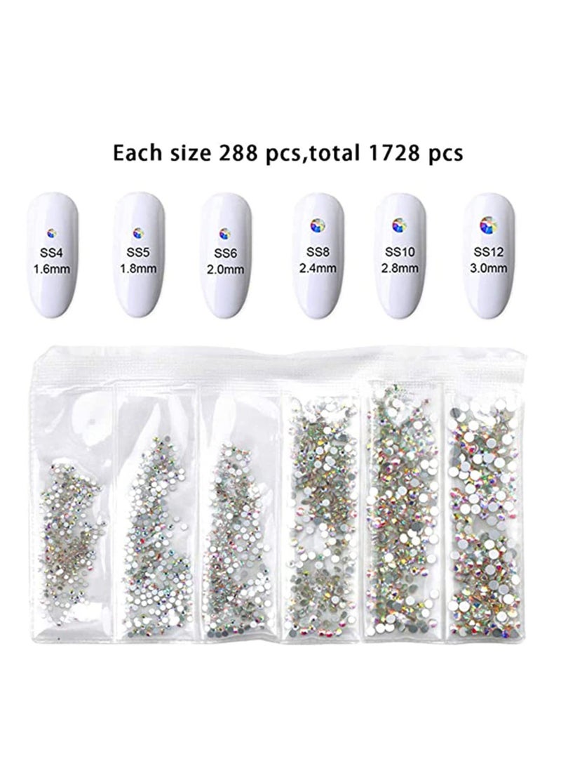 SYOSI Nail Rhinestones Set, 1728 Pieces Flatback Crystal AB Nail Gems + 120 Pieces Multi Shape Glass 3D Nail Jewels, Bling Nail Diamonds Stone with Art Accessories Rhinestone Picker and Tweezers - Image 2