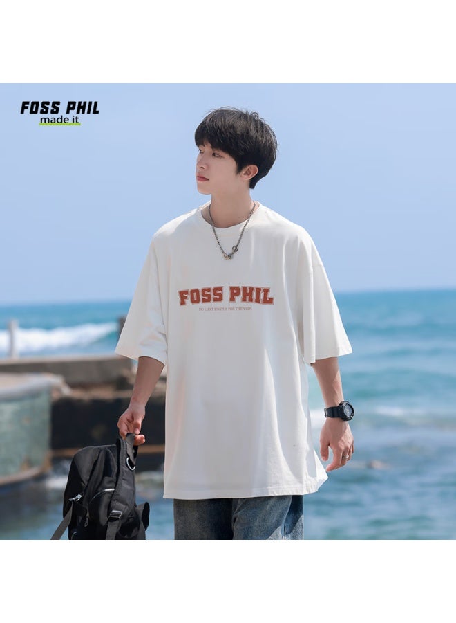Foss Phil Short-sleeve T-shirt For Men And Women, Summer Sports Casual Trendy Printed Pure Cotton Top, Men's And Women's Clothing F0013 White XL - Image 2