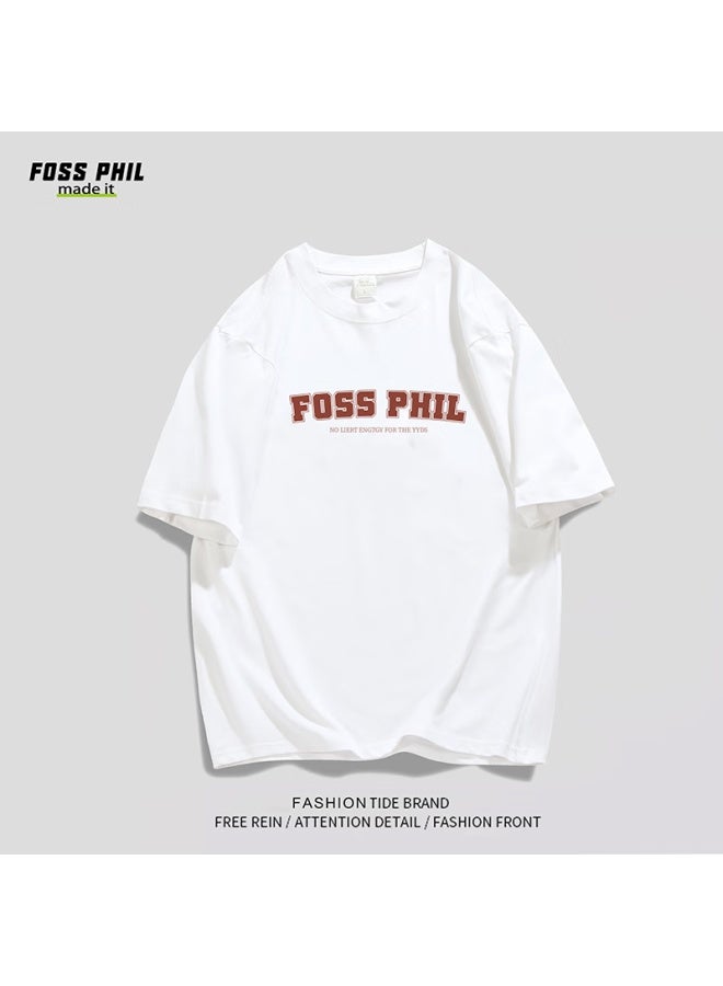 Foss Phil Short-sleeve T-shirt For Men And Women, Summer Sports Casual Trendy Printed Pure Cotton Top, Men's And Women's Clothing F0013 White XL - Image 5