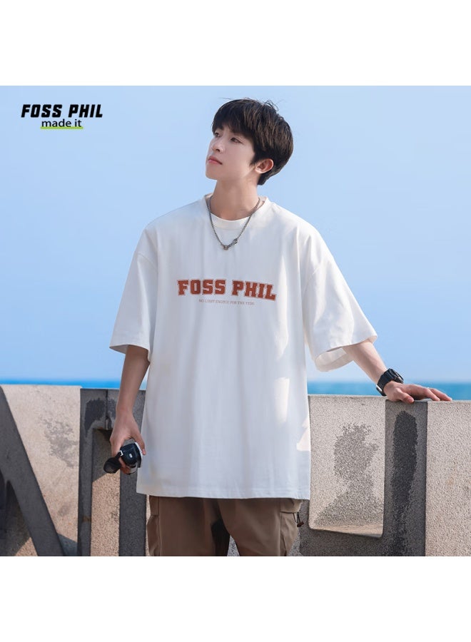Foss Phil Short-sleeve T-shirt For Men And Women, Summer Sports Casual Trendy Printed Pure Cotton Top, Men's And Women's Clothing F0013 White XL - Image 1