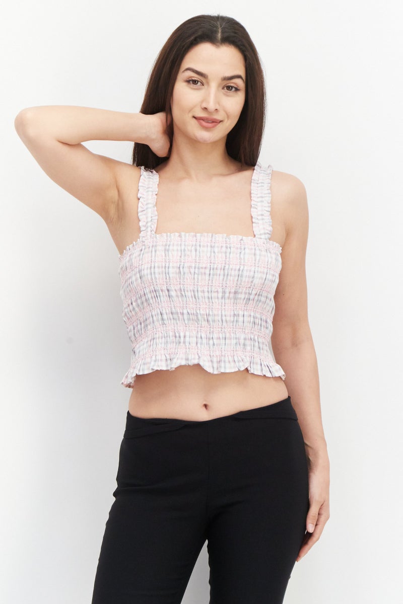 French Connection بلوزة نسائية بدون أكمام بتصميم مربع الرقبة، مربعات، مجموعة وردية - Image 1