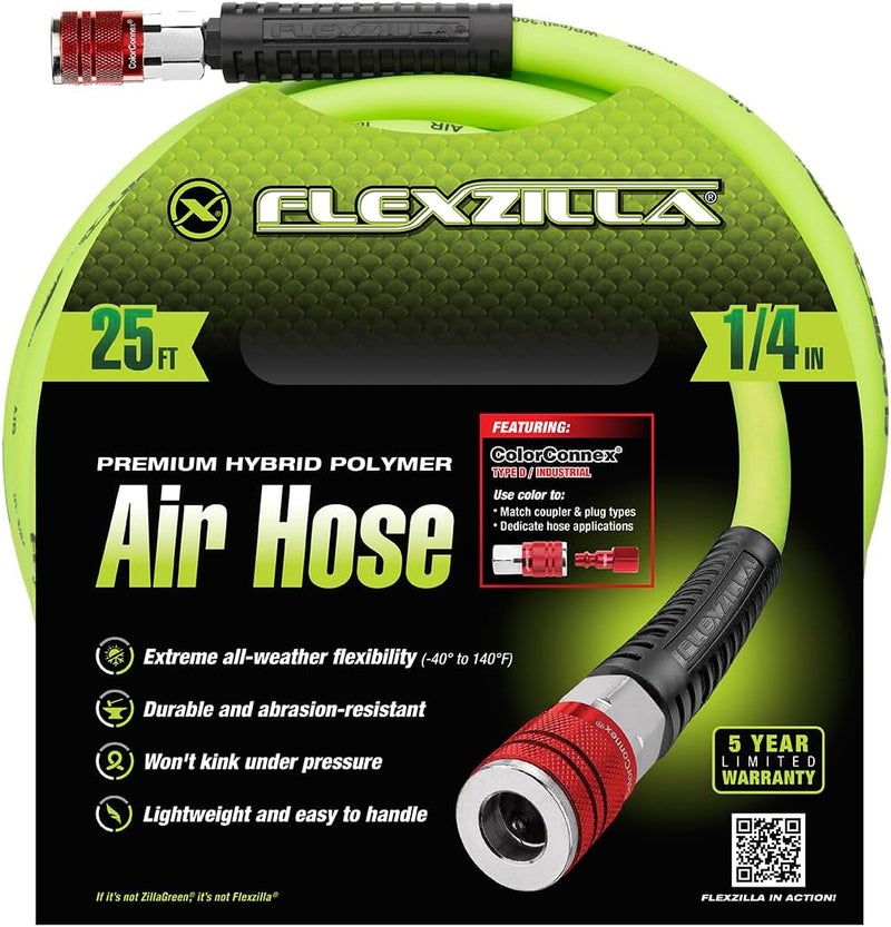 Flexzilla Air Hose with ColorConnex Industrial Type D Coupler and Plug, 1/4 in. x 25 ft., Heavy Duty, Lightweight, ZillaGreen - Image 2