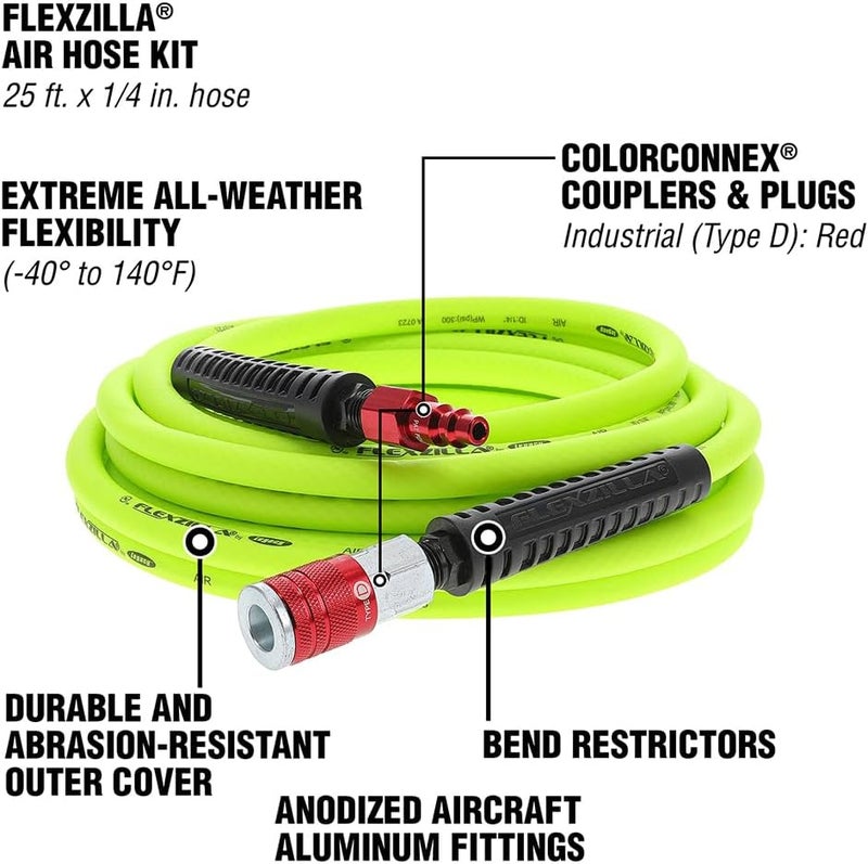 Flexzilla Air Hose with ColorConnex Industrial Type D Coupler and Plug, 1/4 in. x 25 ft., Heavy Duty, Lightweight, ZillaGreen - Image 3