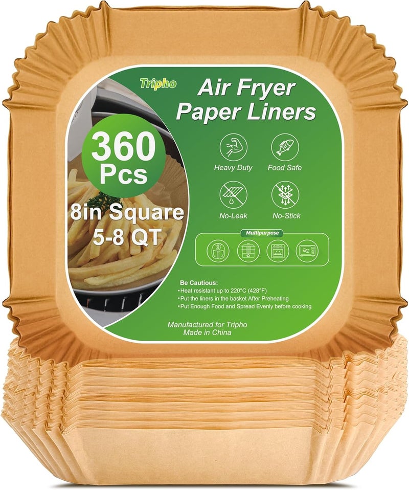 Tripho 360 Pcs 8” Square Unbleached Heavy Duty Air Fryer Paper Liners Disposable, Non-Stick & Non-Leak Parchment Paper Liners for Airfryer Basket, Deep Fryer Parts & Accessories - Image 1