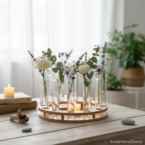 LABZIO Round Wooden Test Tube Flower Vase for Table Top with Borosilicate 3.3 Glass Tubes | Hydroponic Plant Holder | Wooden Stand Decorative Vase for Living Room, Dining Table,Office Desk,Home Decor - Image 5