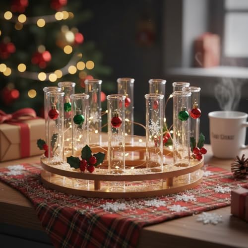 LABZIO Round Wooden Test Tube Flower Vase for Table Top with Borosilicate 3.3 Glass Tubes | Hydroponic Plant Holder | Wooden Stand Decorative Vase for Living Room, Dining Table,Office Desk,Home Decor - Image 1