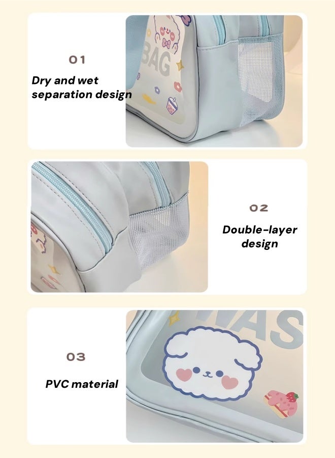 حقيبة مستحضرات تجميل، حقيبة مستحضرات تجميل محمولة، حقيبة أدوات زينة بفواصل بين الجاف والرطب، حقيبة تخزين مستحضرات تجميل مزدوجة الطبقات من البولي فينيل كلوريد للسفر، حقيبة تخزين مستحضرات تجميل كبيرة السعة ومقاومة للماء، حقيبة غسيل سفر (زرقاء) - Image 3