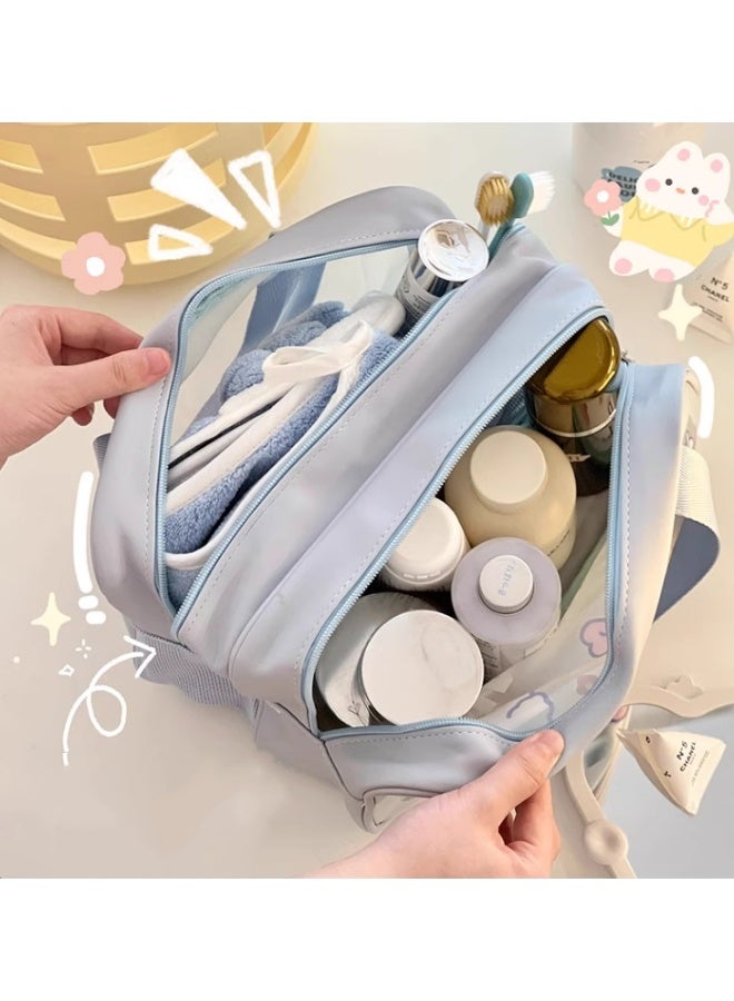 حقيبة مستحضرات تجميل، حقيبة مستحضرات تجميل محمولة، حقيبة أدوات زينة بفواصل بين الجاف والرطب، حقيبة تخزين مستحضرات تجميل مزدوجة الطبقات من البولي فينيل كلوريد للسفر، حقيبة تخزين مستحضرات تجميل كبيرة السعة ومقاومة للماء، حقيبة غسيل سفر (زرقاء) - Image 5