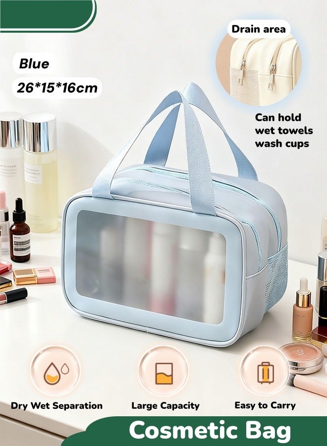 حقيبة مستحضرات تجميل، حقيبة مستحضرات تجميل محمولة، حقيبة أدوات زينة بفواصل بين الجاف والرطب، حقيبة تخزين مستحضرات تجميل مزدوجة الطبقات من البولي فينيل كلوريد للسفر، حقيبة تخزين مستحضرات تجميل كبيرة السعة ومقاومة للماء، حقيبة غسيل سفر (زرقاء) - Image 1