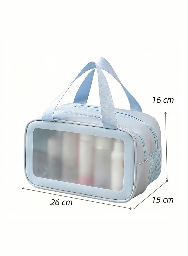 حقيبة مستحضرات تجميل، حقيبة مستحضرات تجميل محمولة، حقيبة أدوات زينة بفواصل بين الجاف والرطب، حقيبة تخزين مستحضرات تجميل مزدوجة الطبقات من البولي فينيل كلوريد للسفر، حقيبة تخزين مستحضرات تجميل كبيرة السعة ومقاومة للماء، حقيبة غسيل سفر (زرقاء) - Image 2