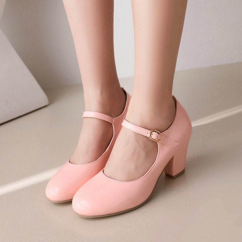 Mary Jane Shoes Women'S Round Toe Patent Leather Chunky Heel High Heel Fairy Buckle Soft Girl Commuter Shoes Candy Color Women'S Shoes - Image 3