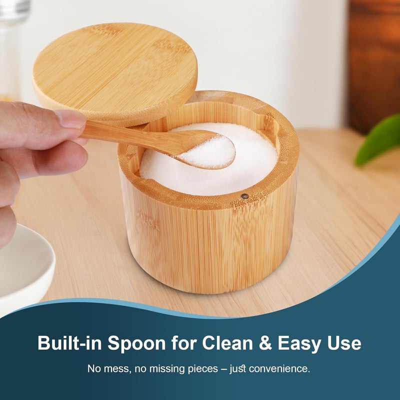 Timtopno Bamboo Salt Cellar, 2 PCS Salt Container with Built-in Spoon, Salt Box Bowl with Magnetic Swivel Lid, Elegant Kitchen Salt Holder Saver Jar to Storage Pepper Spice Sea Salt for Countertop - Image 3