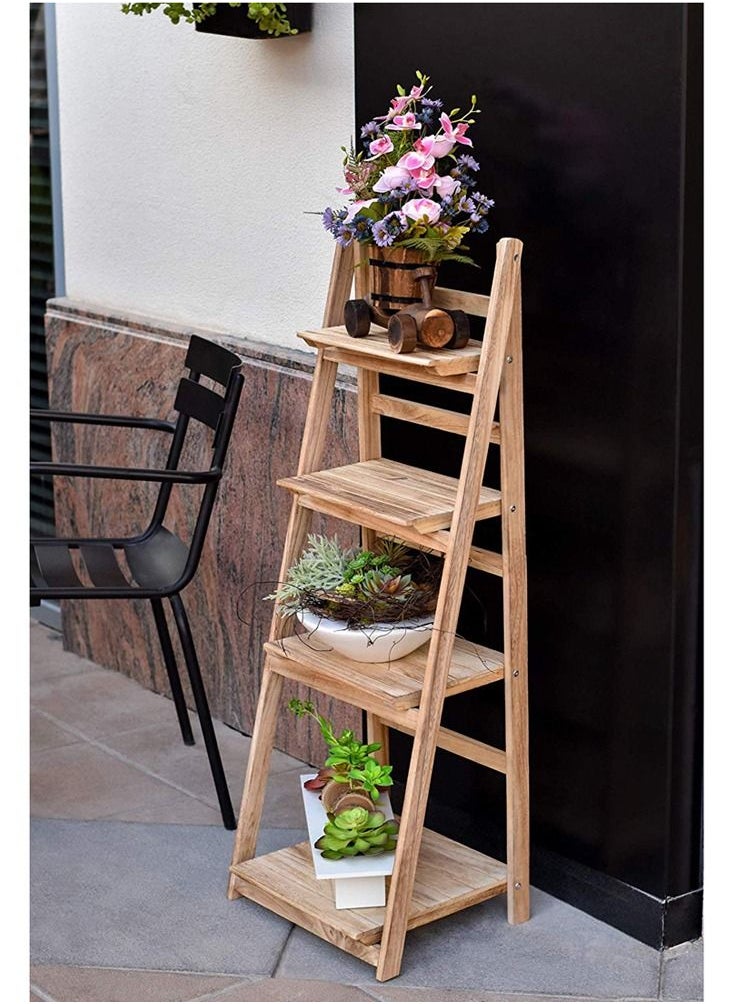 LINGWEI Foldable Wooden Decorative Stand Four Layers Ladder Design Pure Solid Wood Garden Flower Pot Rack Display Book Shelves Storage Plants Holder  - Image 2