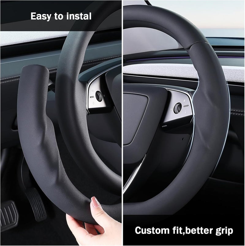 Aotoyou غطاء عجلة القيادة لطراز تسلا Model 3 من عام 2024 حتى الآن، موديل Highland/Tesla Model Y Juniper من عام 2025 حتى الآن، غطاء عجلة قيادة من الجلد لطراز تسلا Model 3 موديل Highland/Y Juniper، باللون الأسود - Image 5