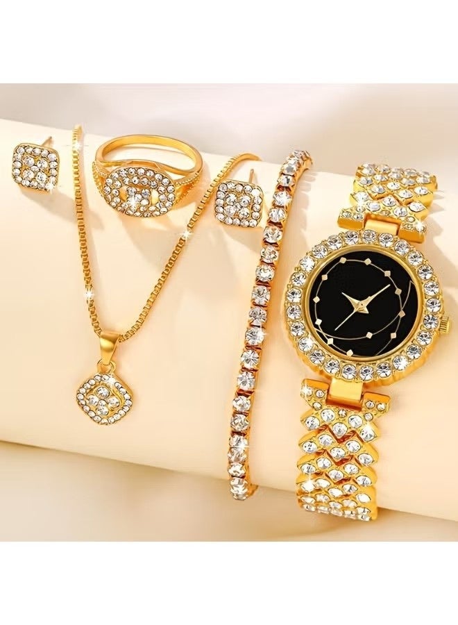 Women Watch Sets, 5 Pcs Luxury Fashion Women Watch Set Alloy Strap Ladies Quartz Wristwatch Rhinestone Alloy Bracelet