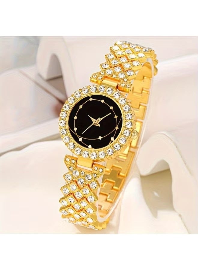 هابي دي مجموعة ساعات نسائية، 5 قطع، مجموعة ساعات نسائية فاخرة بأحزمة من السبائك، ساعة كوارتز نسائية مع سوار مزين بالأحجار الكريمة - Image 2