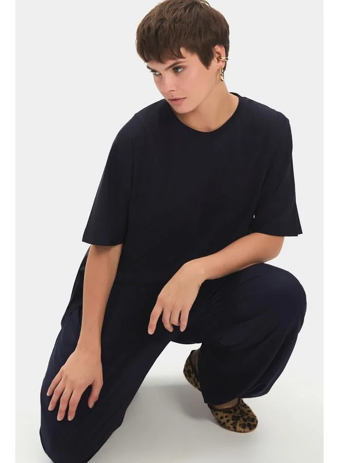 JUNE June Women 100% Cotton Oversize/loose Fit Crew Neck Flowy Tshirt Navy