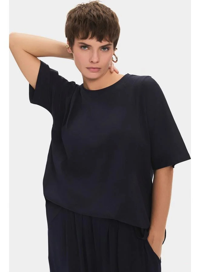 JUNE June Women 100% Cotton Oversize/loose Fit Crew Neck Flowy Tshirt Navy